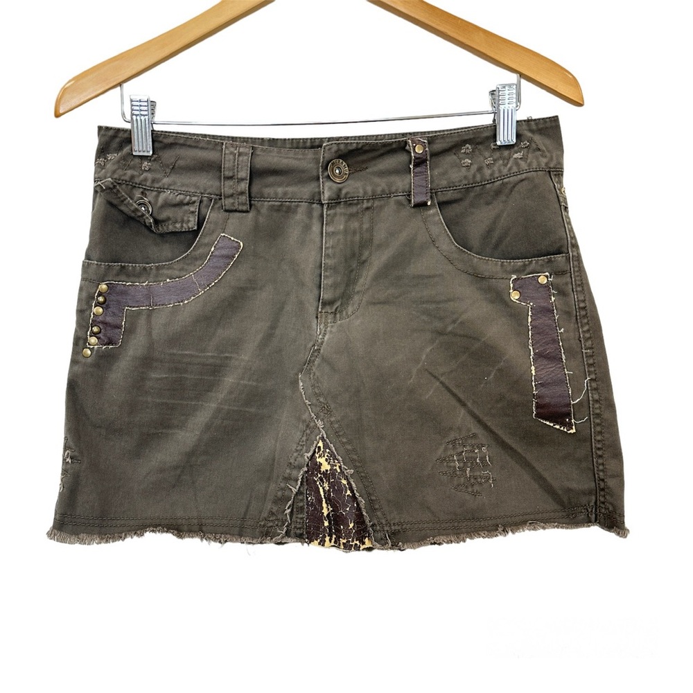 MUR‎ MUR Green Khaki Distressed Leather Trim Mini Skirt Women’s Sz Small